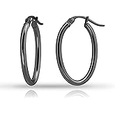 Hoops & Loops 925 Sterling Silver 2mm Oval Click-Top Hoop Earrings for Women, Men 15mm 20mm 25mm 30mm 35mm 40mm, Hypoallergenic Silver, 14k Yellow Gold, Rose Gold Flash Plate, Black