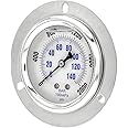 PIC Gauge PRO-204L-254O Glycerin Filled Industrial Front Flanged Panel Mount Pressure Gauge with Stainless Steel Case, Brass Internals, Plastic Lens, 2-1/2" Dial Size, 1/4" Male NPT, 0/2000 psi