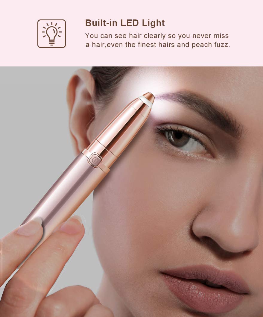 Painless Eyebrow Hair Remover for Women,Portable Eyebrow Trimmer Razor with LED Light,Lipstick-Sized Eye brow Epilator,Facial Hair Shaver For Good Finishing (Rose Gold)