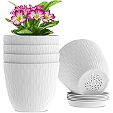 WSMKSZ 6 inch Flower Pots, 5 Pack Plant Pots with Drainage Holes and Saucers for Indoor Plants, Plastic Planters with Water Ripple for Small Garden House Plants, Nursery Pots for Succulent, White