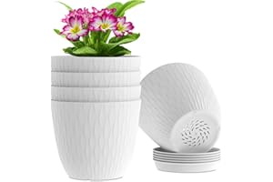 WSMKSZ 6 inch Flower Pots, 5 Pack Plant Pots with Drainage Holes and Saucers for Indoor Plants, Plastic Planters with Water Ripple for Small Garden House Plants, Nursery Pots for Succulent, White