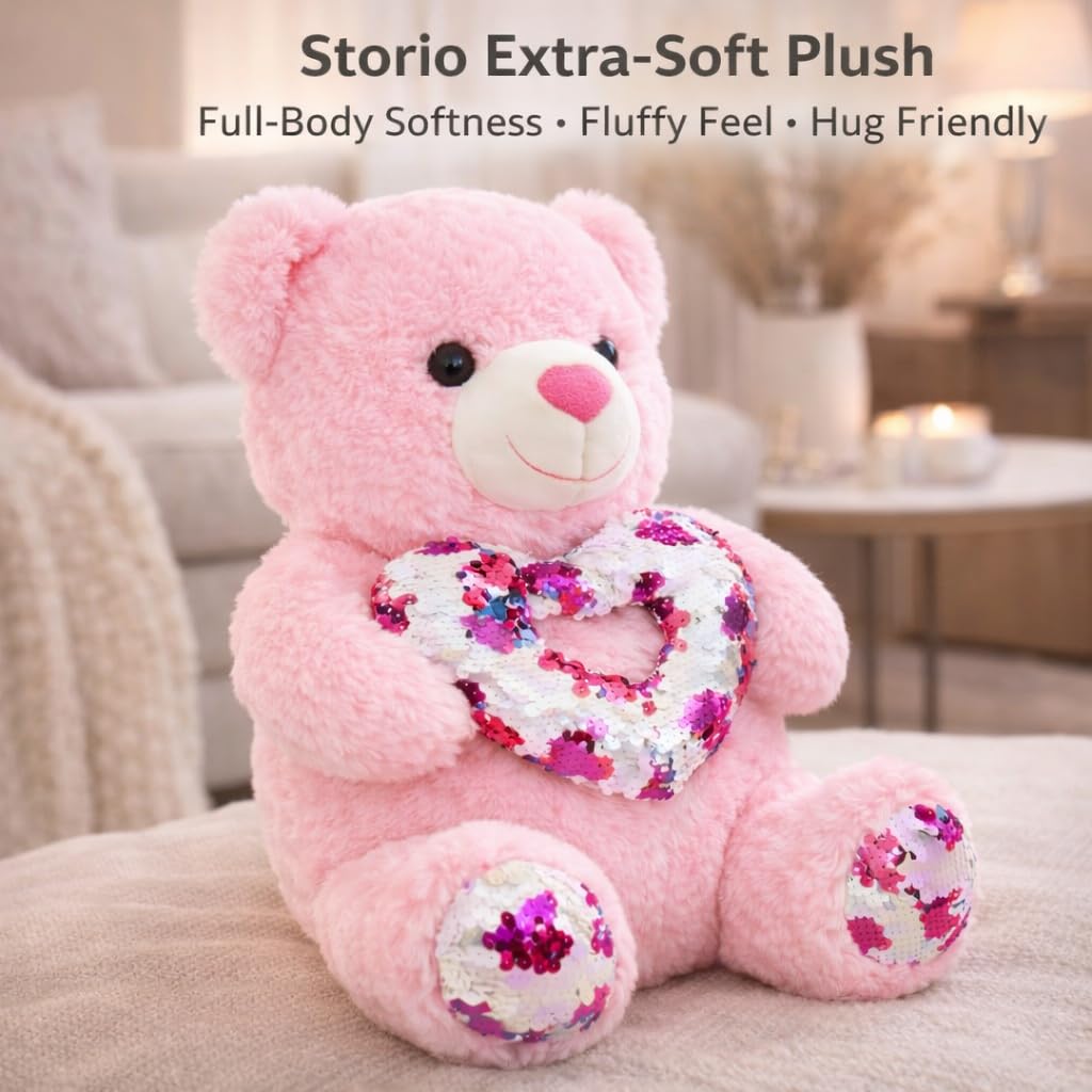 Storio Pink Teddy Bear with Red Heart 30 CM | Cute Soft Plush Stuffed Toy for Girls | Love, Valentine, Anniversary & Birthday Gift | Teddy Bear for Girlfriend, Baby Girl & Kids 4