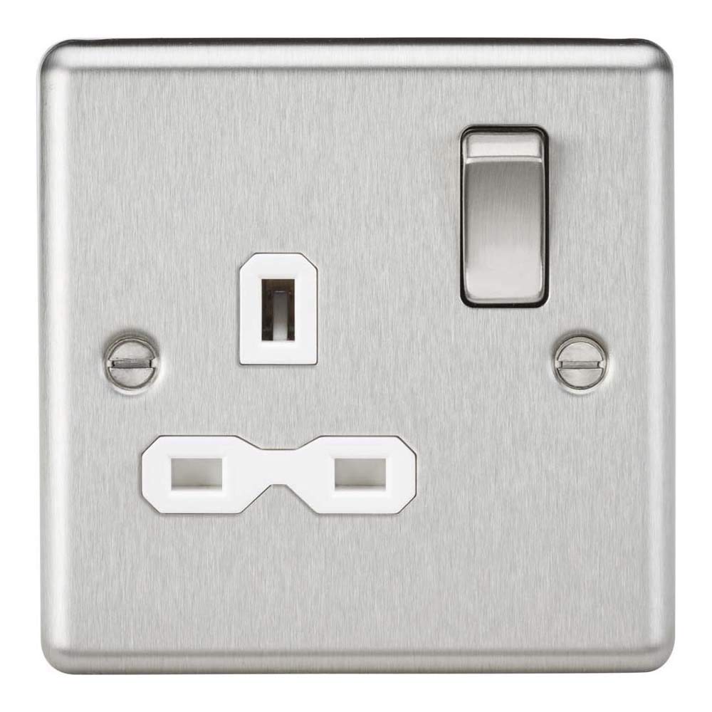13A 1G DP Switched Socket with White Insert - Rounded Edge Brushed Chrome
