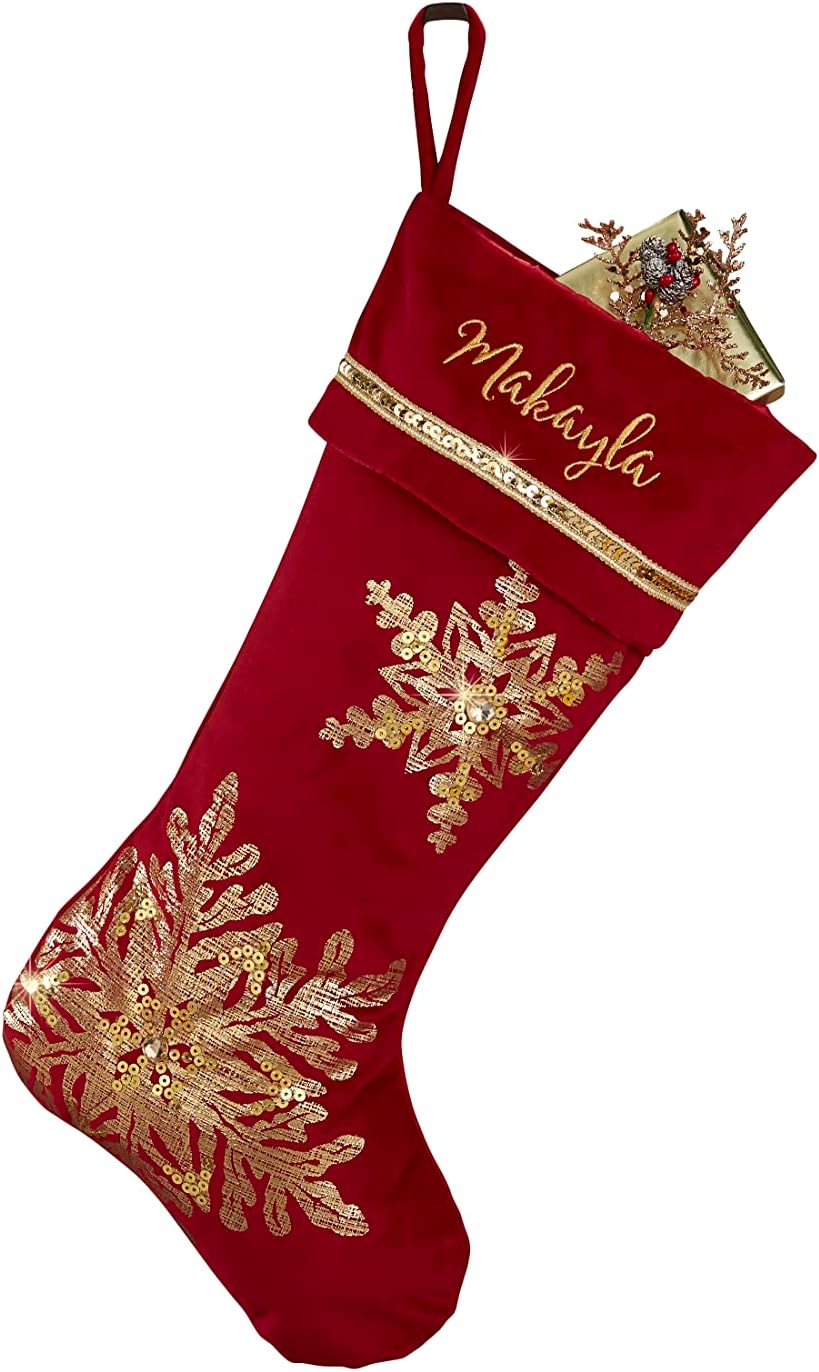 Stockings & Holders - Personalization Universe Glistening Snowflake Personalized Christmas Stocking, Customizable with Name, Gold Beaded Accents, Durable Polyester, 20