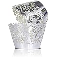YOZATIA 60 Silver Vine Lace Cupcake Wrapper, Laser Cut Cupcake Liners for Weddings Birthdays Tea Parties and any Special Even