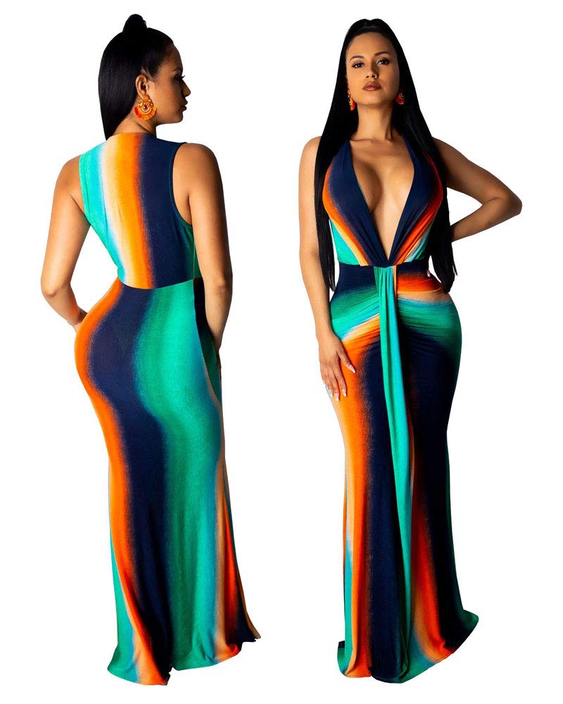 Ophestin Women\'s Long Elegant Party Dresses Sexy Deep V-Neck Maxi Dress