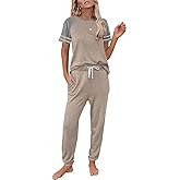 PRETTYGARDEN Women Summer Two Piece Outfits Striped Short Sleeve Pullover and Long Pants Tracksuit Travel Pajama Lounge Set