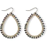Bohemian Boho Beaded Teardrop Dangle Drop Earrings Hollow Sparkly Crystal Gold Wire Wrapped Crystal Earrings for Women Statement Jewelry
