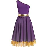 IDOPIP Metallic Color Block Praise Dance Overlay Dress for Women Asymmetrical One Shoulder Worship Tunic Liturgical Dancewear
