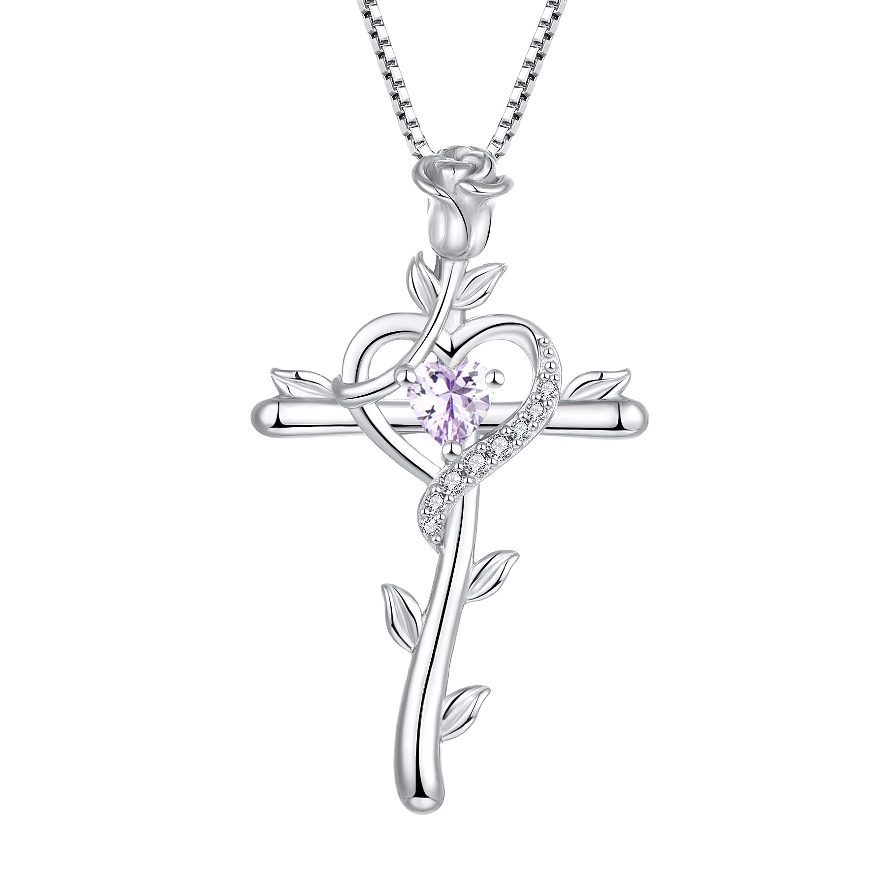starchenie Cross Necklace 925 Sterling Silver Heart Birthstone Rose Crucifix Alexandrite Zirconia Pendant Jewelry Gift for Women