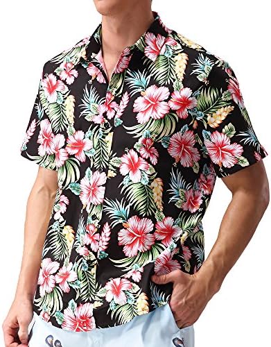 Hopioneer Men’s Aloha Shirts - Short Sleeve Button Down Brushed Hawaiian Shirt With Floral Print - Size XL