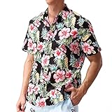 Hopioneer Men’s Aloha Shirts - Short Sleeve Button Down Brushed Hawaiian Shirt with Floral Print (Size M)