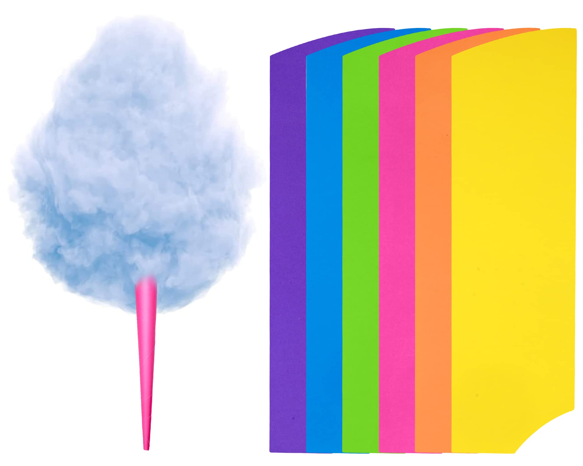 Photo 1 of 100 Packs Cotton Candy Cones, Cotton Candy Sticks DIY Multicolor Paper Cotton Candy Supplies with Double Sided Adhesive Tape for Birthday Party (Simple Style)