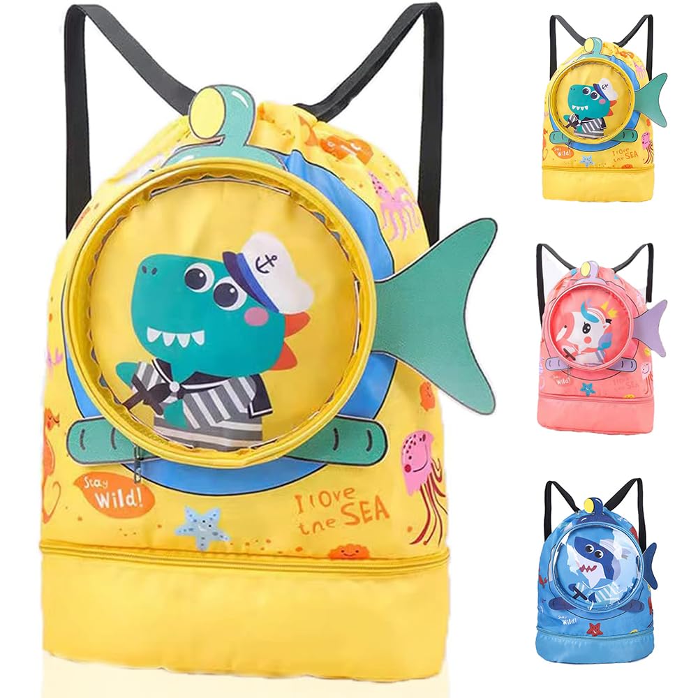 FaJoek Swimming Backpack Waterproof Children Children Gym Bag Waterproof Swimming Bags for Children Swimming Bag Children with Wet Compartment Backpack with Drawstring Children, Yellow crocodile,