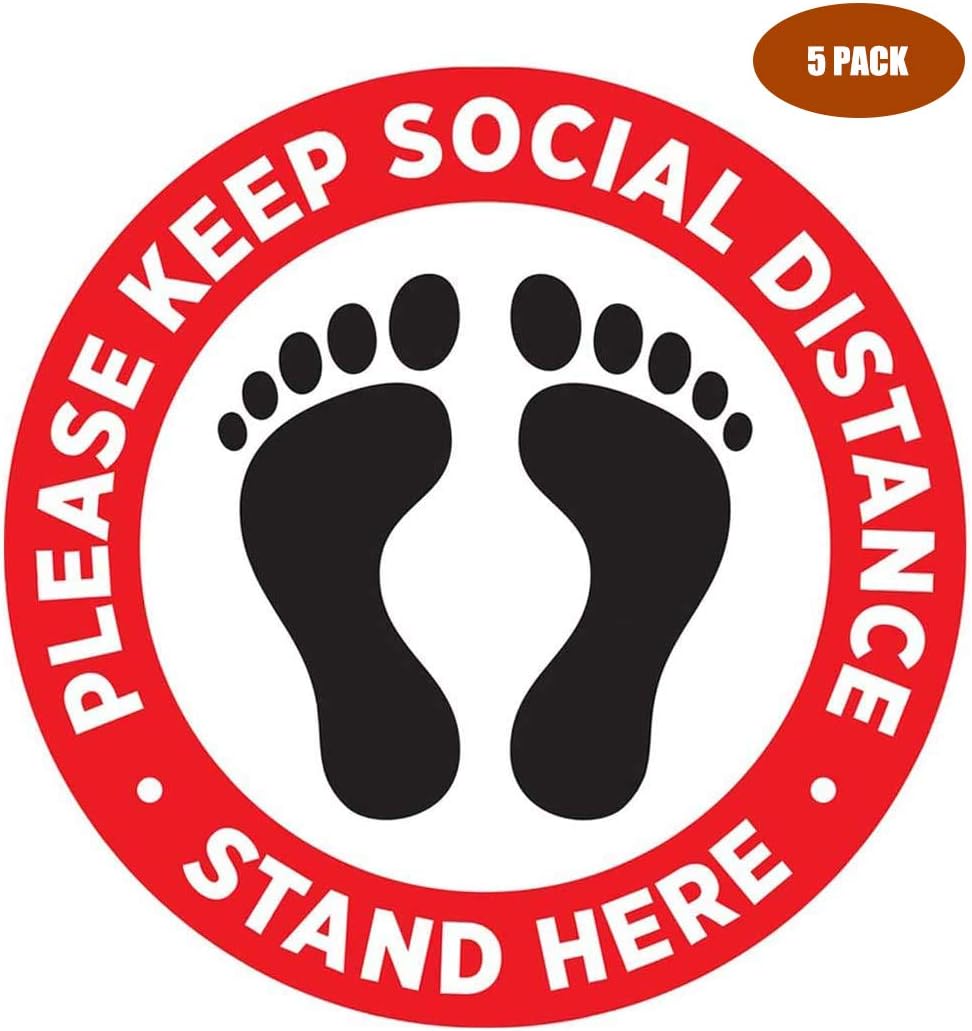 5pcs Social Distancing Floor Decals Sign Stickers 11 Inch Safety Social Distance Notice Sticker Markers Round Adhesive Decals for Crowd Control Guidance Businesses Restaurants Grocery Bank Hospitals