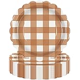 PUEVENYI 50PCS Brown Scalloped Paper Plates - 7Inch Striped Dessert Plates for Cake Salad Fruit Disposable Decorative Dinner Dessert Serving Plates for Autumn Birthday Party Supplies