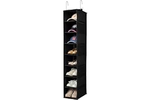 Berdeng Hanging Shoe Organizer for Closet with Side Mesh Pockets，Hat Racks for Baseball Caps，Shoe and Hat Holder & Storage，8-Shelf，Black，1 Pack