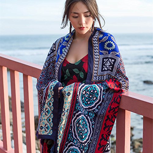 SUNBABY Women Boho Shawl Beach Towels Rectangle Polyester Scarf Travel Sarong Wrap Swimwear Cover Up Beach Mats (Blue Diamond Flower) - Thumbnail 4