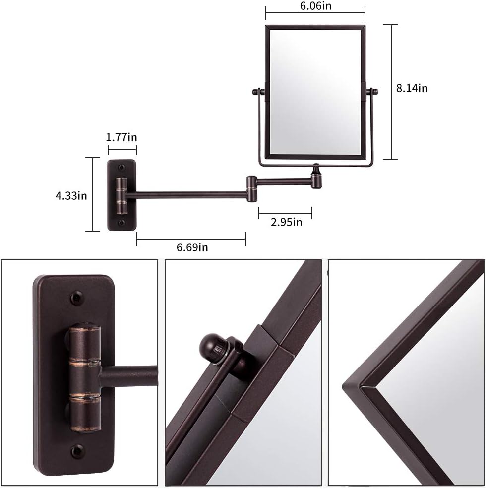 Qimh Wall Mounted Makeup Vanity Mirror, 8x6 Inch Rectangular 3X Magnifying with Extendable Arm, Bronze Double-Sided Swivel Mirror: Furniture & Decor