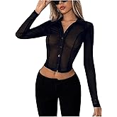 SweatyRocks Women's Sheer Button Down Blouse Ruched Slim Fit Long Sleeve Shirts