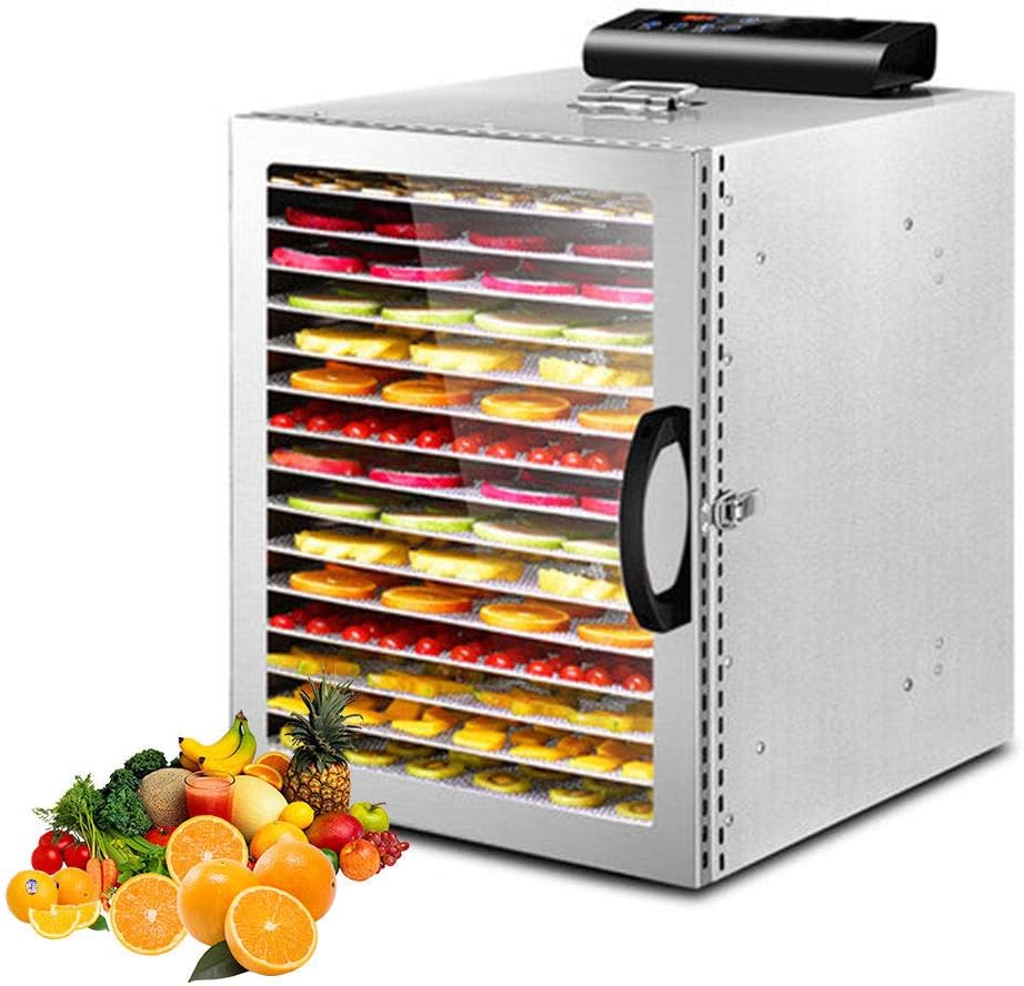 16-Layers Food Dehydrator, Fruit Dryer with Visible Glass Window, 360° Uniform Drying, Microcomputer Touch, 24-Hour Timer, Adjustable 35-90 ° C, Household and Commercial, 1000W