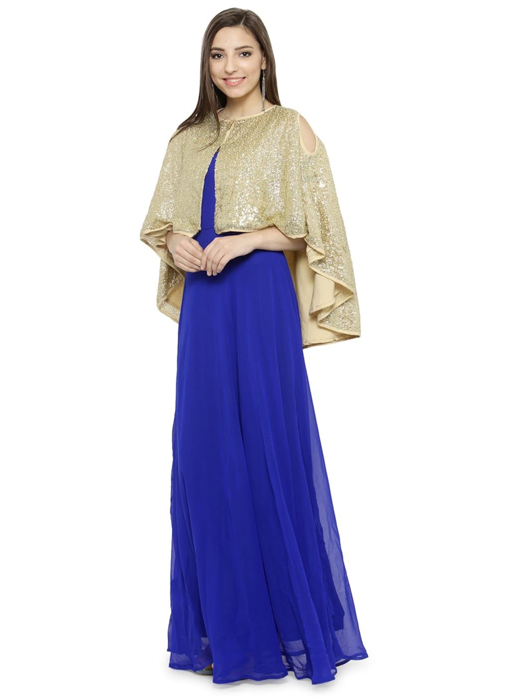 just wow royal blue & golden poly georgette women's dress