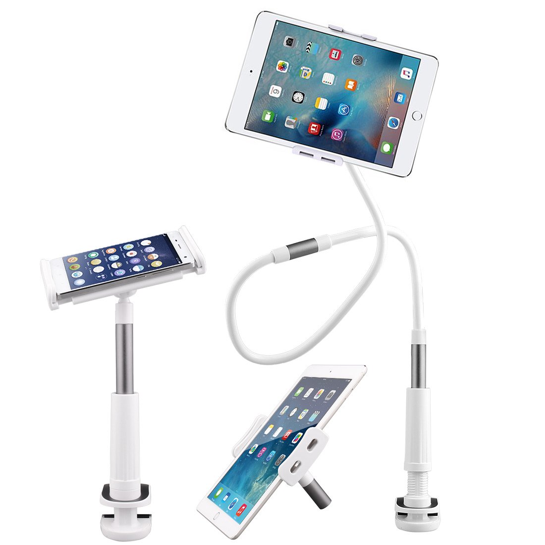 AcTopp Soporte Tablets Soporte Moviles 2017 Nuevo con Tres Betas Abrazos Flexibles Giratorio 360º Para Mesa Asiento Escritorio Cabecera de Cama Mesilla Estirado 11.5-18.5CM para iPad Tablets y Móviles de Pantalla Grande Color Gris