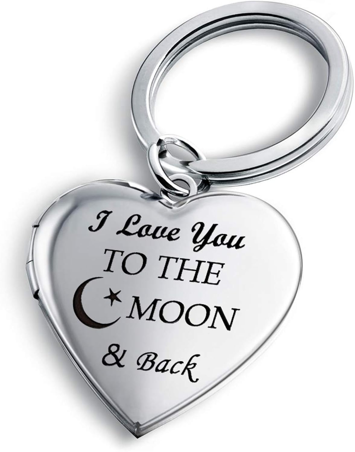 PHOCKSIN Silver Heart Locket Keyring for Pictures Photo Lockets Key Ring Engraved I Love You to the Moon and Back Birthday Gifts for Women Girls