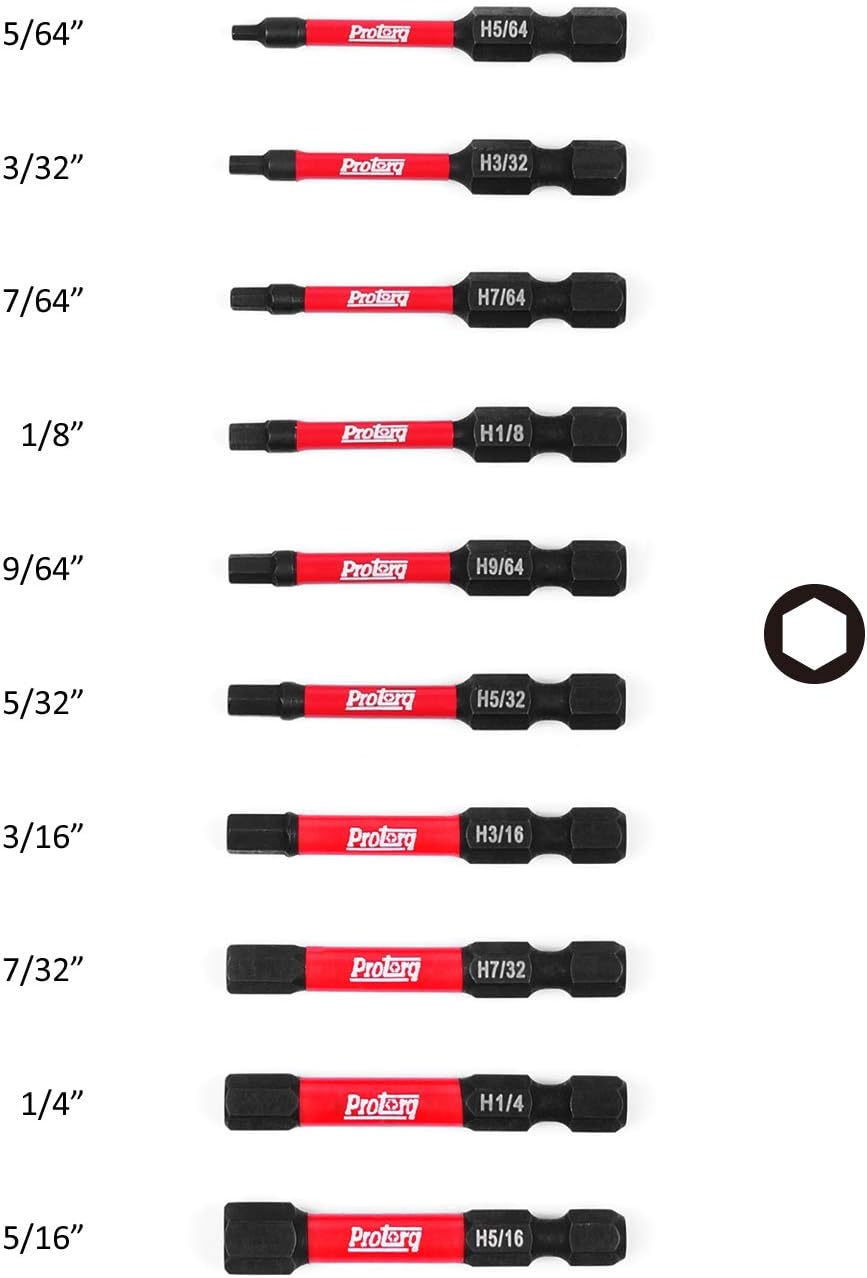 Protorq Impact Bit Set W/clip, Hex head drive bits, SAE, S2 Steel, 10-Piece, 2 Inch Length, Hex Head Allen Wrench Drill Bit Set, 1/4" Hex Shank-Prefect for IKEA Furniture - - 