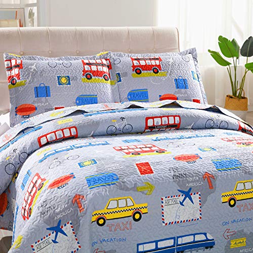 3-Piece Kid\'s Cartoon Public Transportations Quilted Bedspread Coverlet Twin(86x68 Inches),Car,Tax,Bus,Subway Printed Lightweight Quilt Set,Reversible Bedding Set for Boys Girls Children (Twin,Yellow)