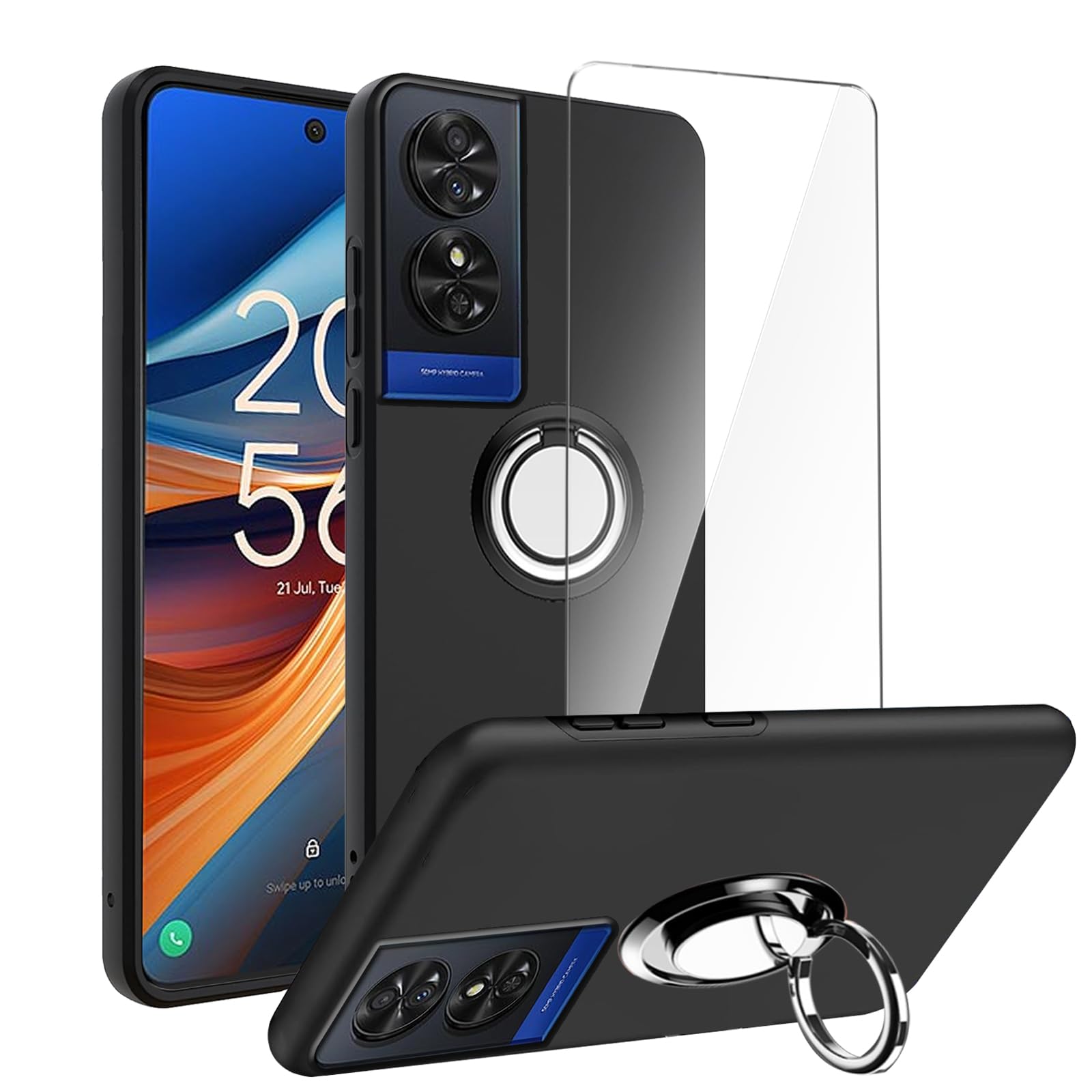 LYZXMY Case for TCL 50 SE (6.78") Black phone case + 360° Rotating Ring Stand+ 1 pcs tempered Glass Screen Protector. — image 1