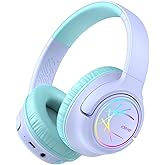 iClever Kids Bluetooth Headphones with LED Lights, BTH18 Safe Volume 74/85dBA, 43H Playtime, Bluetooth5.3 Kids Headphones Wireless Aux Cord for iPad/Tablet/Travel/School, Purple