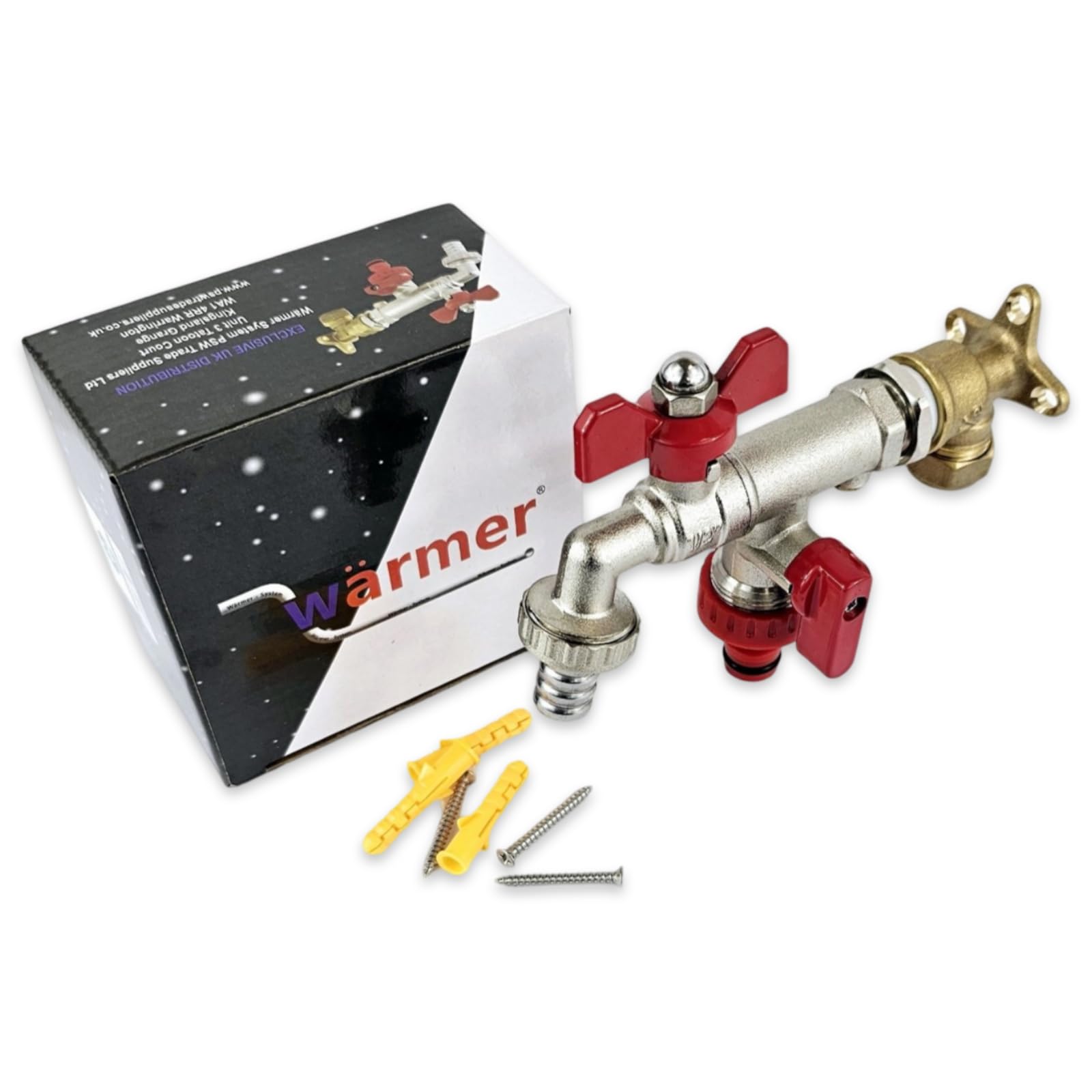 Wärmer System Outside Wall Mounted Garden Tap with Check Valve and Wallplate Elbow Fixture, (Double Outlet Butterfly Handle Garden Tap)