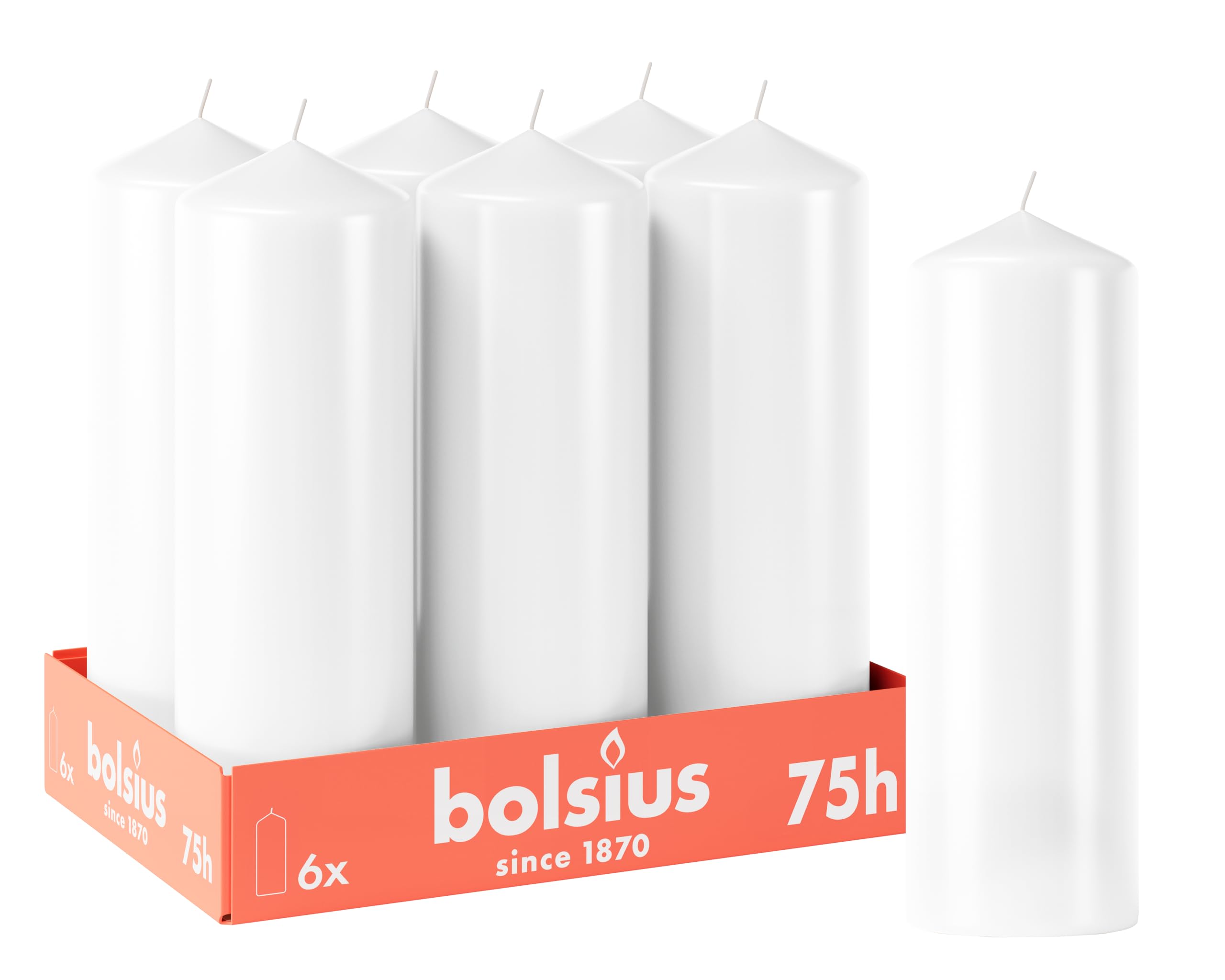 Bolsius Smooth Pillar Candles - White - Pack of 6-20 x 7 cm - Decorative Household Candles - Burn Time 75 Hours - Unscented - Contains Natural Plant Wax - Without Palm Oil