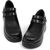 Accloris Platform Mary Jane Shoes Women Girls,Ankle Strap Round Toe Goth Chunky Uniform Dress Pumps Shoes Oxfords