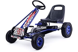 Costzon Go Kart, 4 Wheel Pedal Powered Ride On, Outdoor Racer with Adjustable Seat, Rubber Wheels, Brake, Ride On Pedal Car f