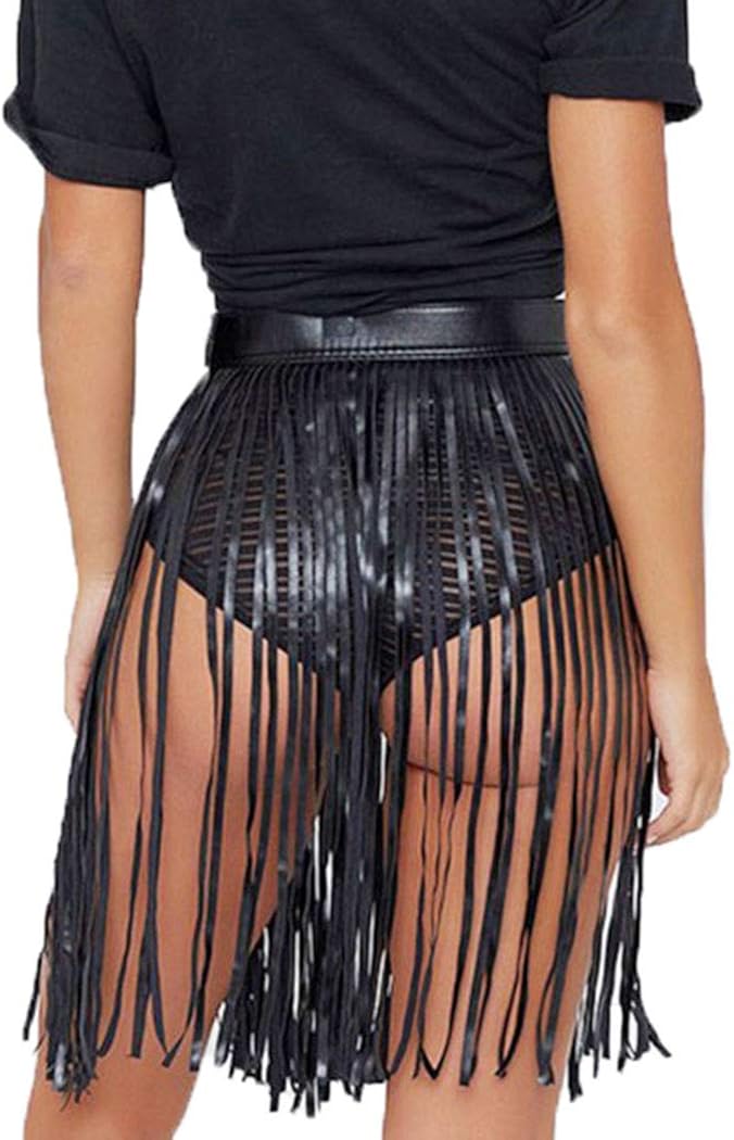 Victray Leather Black Skirts Tassel Waist Chain Belts Punk Waist Body Accessory Festival Costume for Women and Girls: Clothing