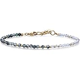 COAI Moss Agate Moonstone Bracelet for Women, Adjustable 18K Gold Plated Stainless Steel Crystal Bracelet for Women 3mm