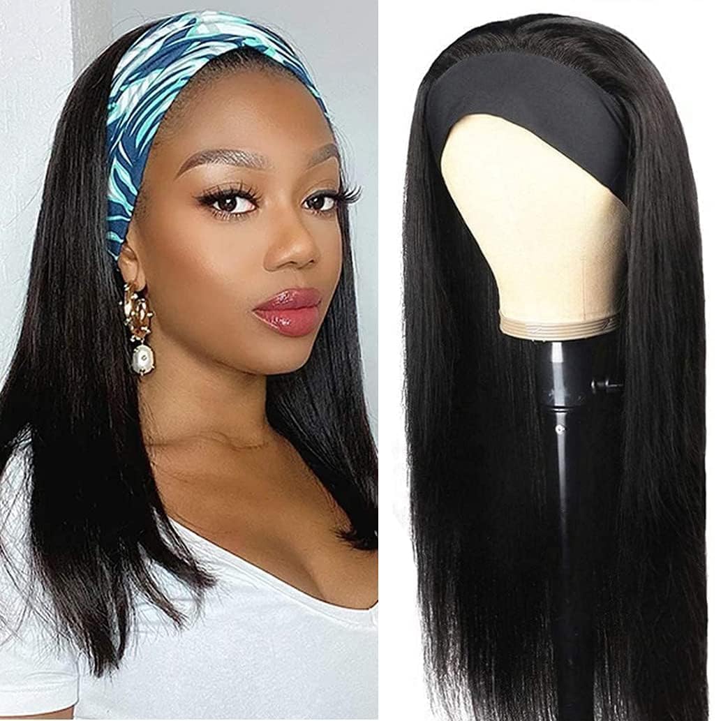 Tmbitto Straight Headband Wig Human Hair Glueless Wear and Go No Lace Beginner Friendly Wigs for Black Women Natural Black 150% Density Brazilian Virgin Hair 12 Inch