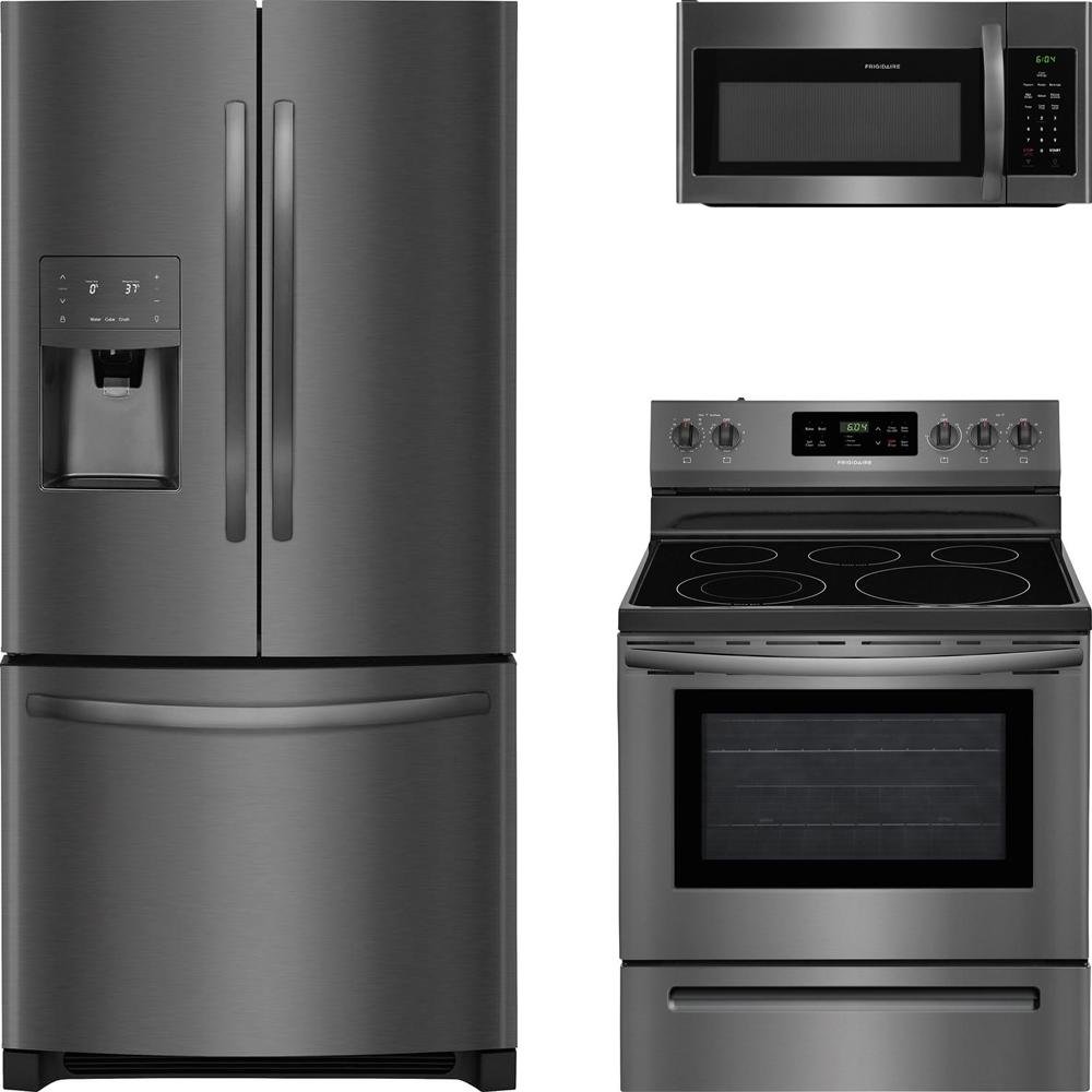 Frigidaire 3-Piece Black Stainless Steel Kitchen with FFHB2750TD 36" French Door Refrigerator, FFEF3054TD 30" Freestanding Electric Range, and FFMV1645TD 30" Over the Range Microwave