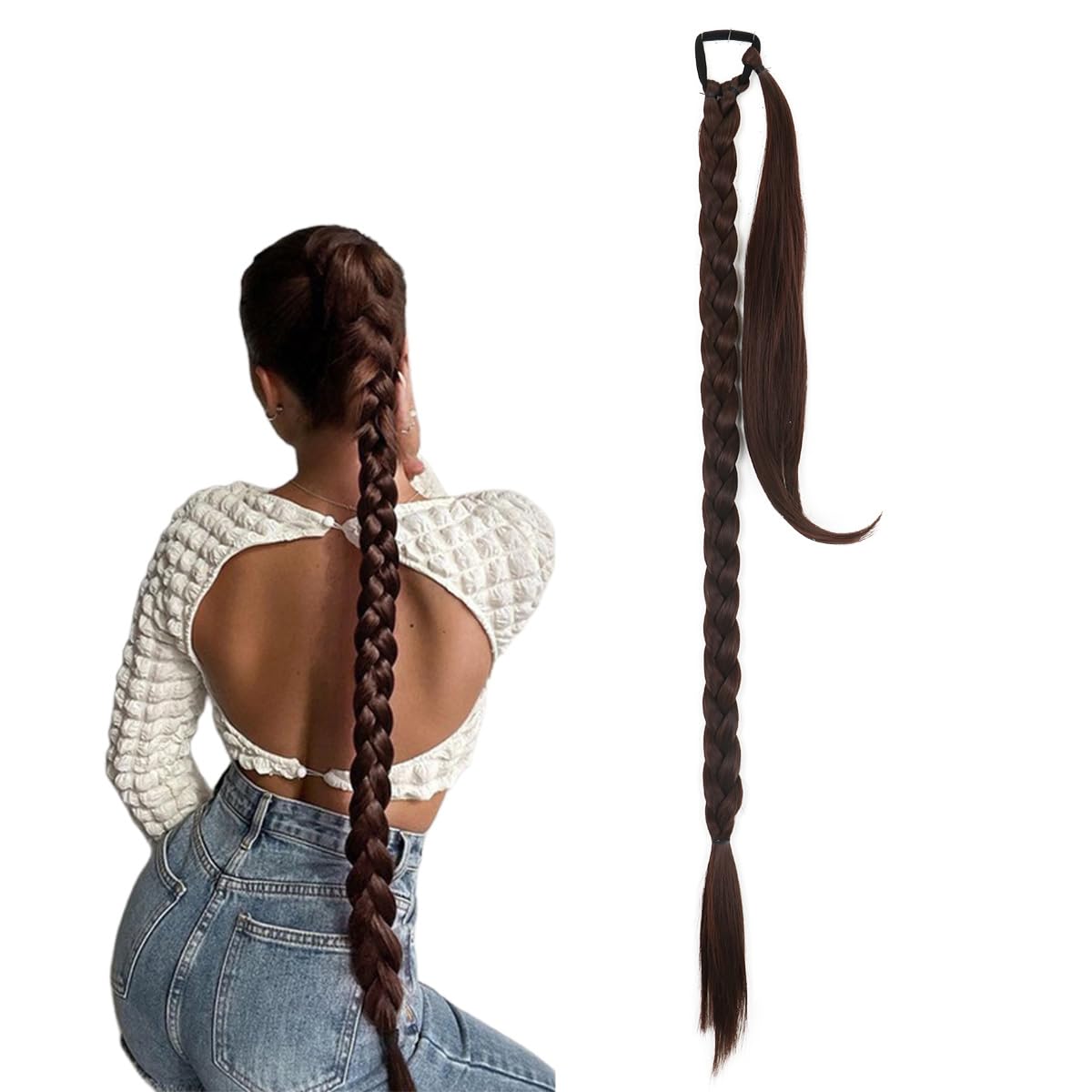 prinfantasy Pre Stretched Braiding Hair Long Braided Ponytail Extension Straight Hair Piece with Hair Scrunchies DIY High Temperature Synthetic Hairpiece for Daily Wear Party Dark Brown, MW264