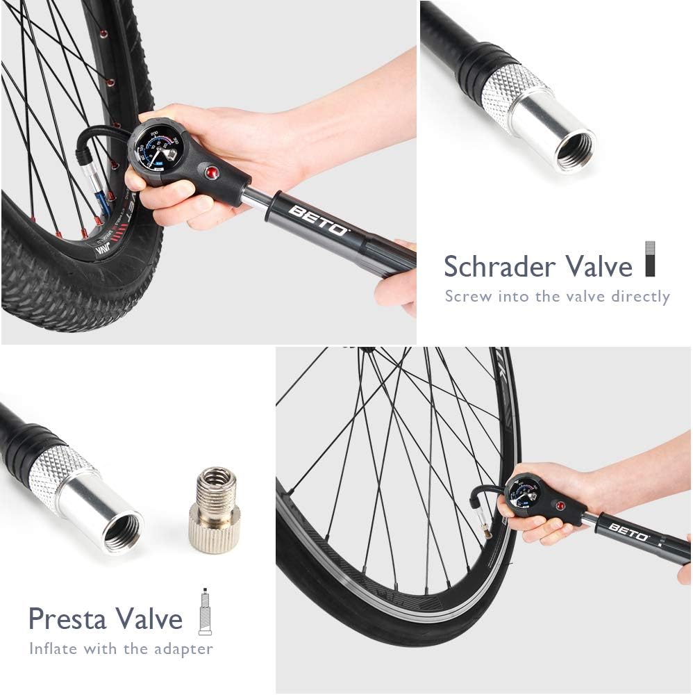Beto Bike Tire/Shock Pump MTB, 300psi High Pressure for Rear Shock & Suspension Fork, Mountain Bike/Motorcycle, Schrader & Presta Valve Adapter, with Dial-Gauge/Bleed Valve/Mounting Bracket : Sports & Outdoors