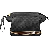 Hairao Toiletry Bag for Women, Large Makeup Bag with Double Layer Design, Waterproof Checkered Makeup Organizer Bag, PU Leather Cosmetic Travel Bag with Brush Compartment, Black