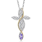 Cross Necklace For Women In 925 Silver and 10K Yellow Gold with Lab Grown Diamond and Blue Tanzanite | 1.19 Cttw | Jesus Christian Religious Crucifix | Marquise Cut 8X4MM | With 18 Inch Chain