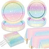 QUERICKY Pastel Rainbow Party Supplies for 40 Guests, Disposable Tableware Set includes Pastel Paper Plates, Napkins, Forks, Tablecloths for Girls Birthday Party, Baby Shower Party