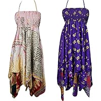 Mogul Interior Lot Of 2 Kylie Womens Halter Dress Handkerchief Hem Recycled Sari Bohemian Sundress S/M