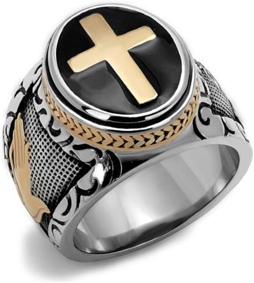 Vip Jewelry Co Men's Black & Silver Stainless Steel Christian Holy Cross Ring Size 8-14