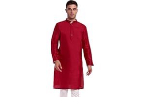 SKAVIJ Men's Art Silk Woven Design Long Kurta Mandarin Collar Straight Shirt