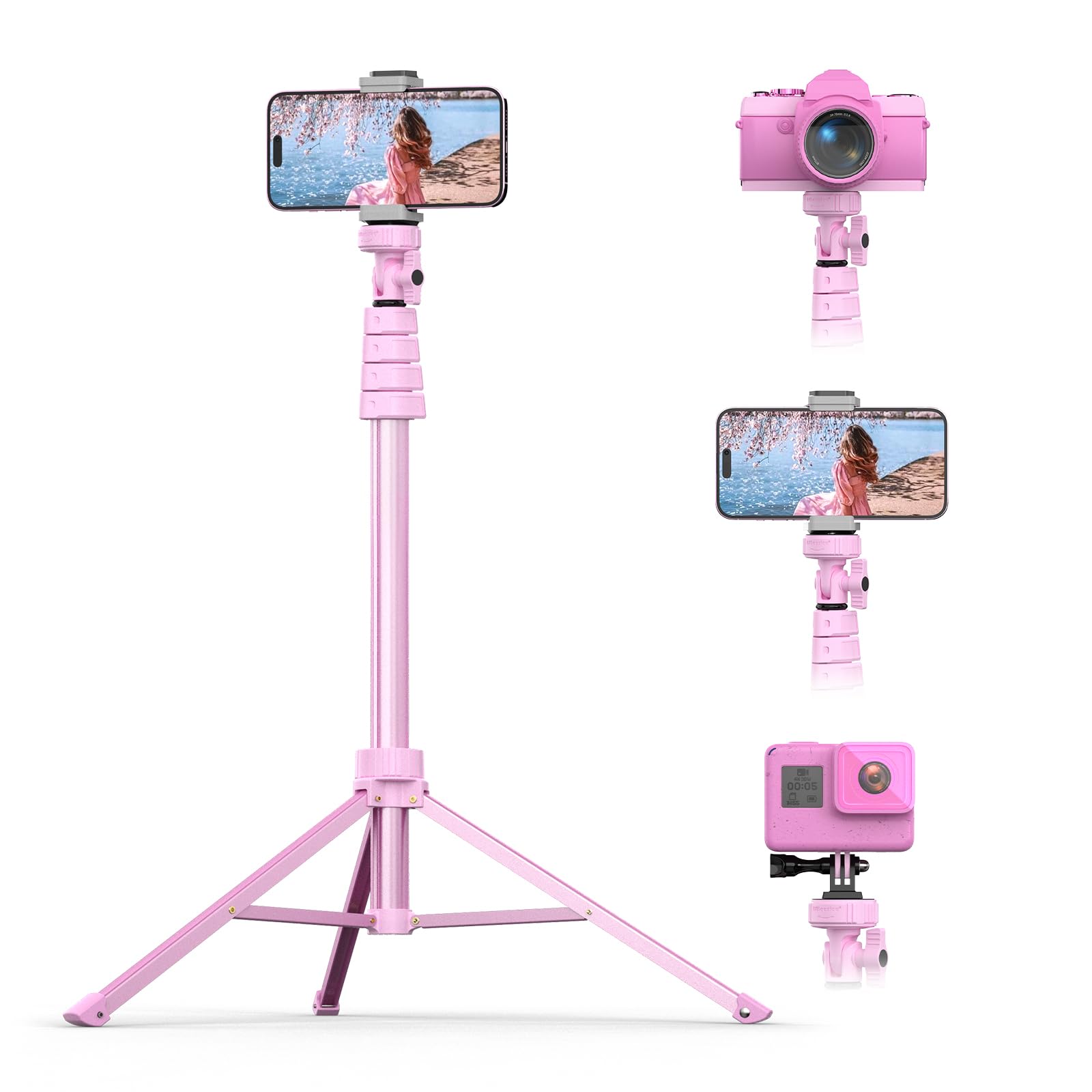 Photo 1 of UBeesize 62" Phone Tripod & Selfie Stick, Camera Tripod Stand with Wireless Remote and Phone Holder,Compatible with iPhone Android Phone, Perfect for Selfies/Video Recording/Live Streaming Pink