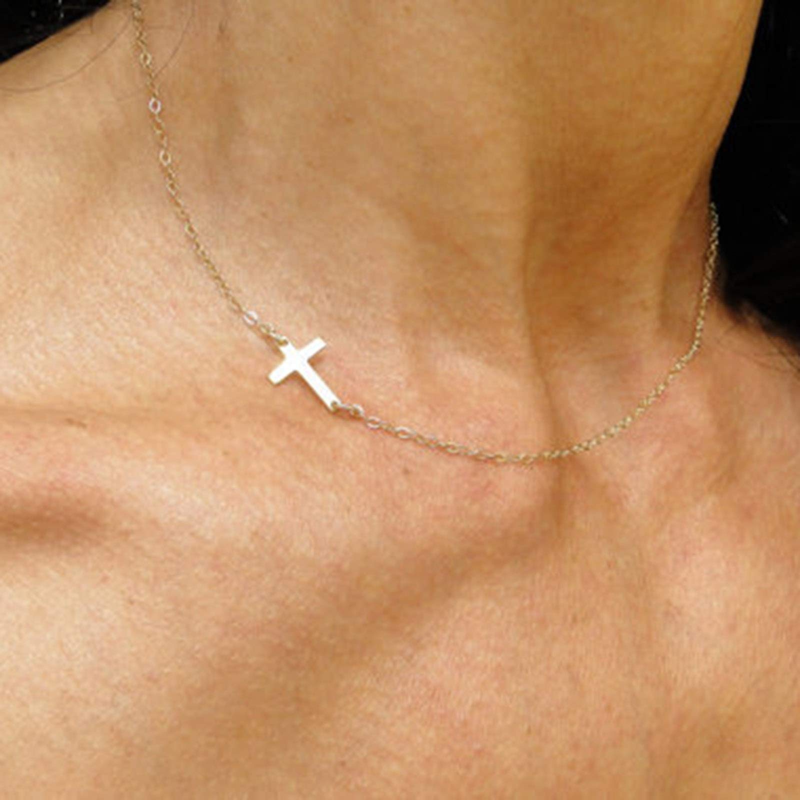 TseenYi Cross Pendant Necklace Chain Gold Sidesway Cross Choker Necklace Short Chain Religion Necklace Jewelry for women and Girls (Gold)